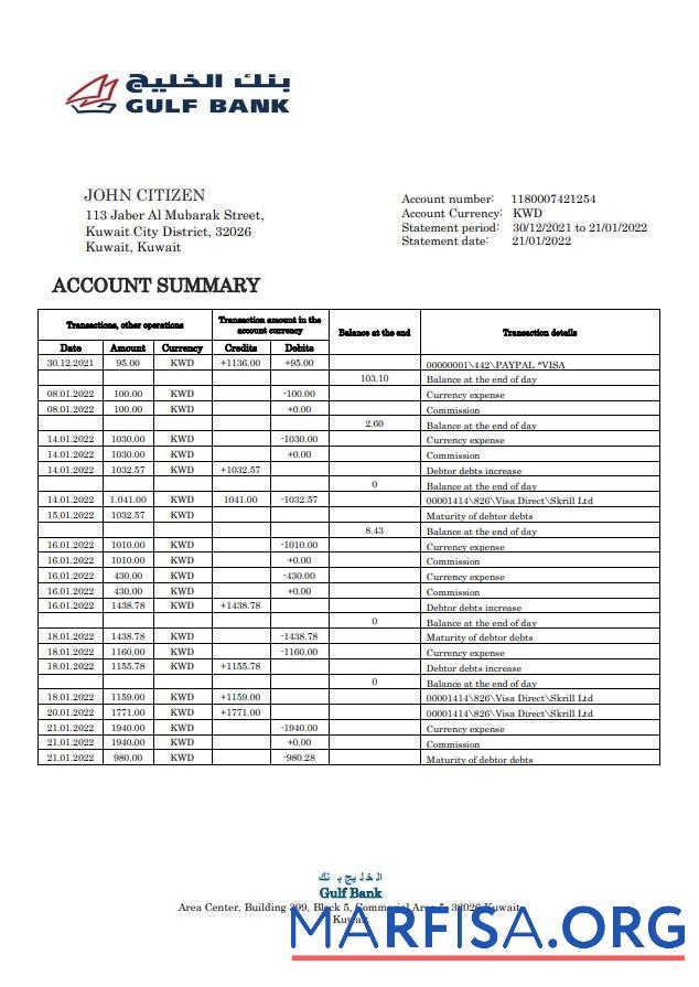 Printable Kuwait Gulf bank statement word template